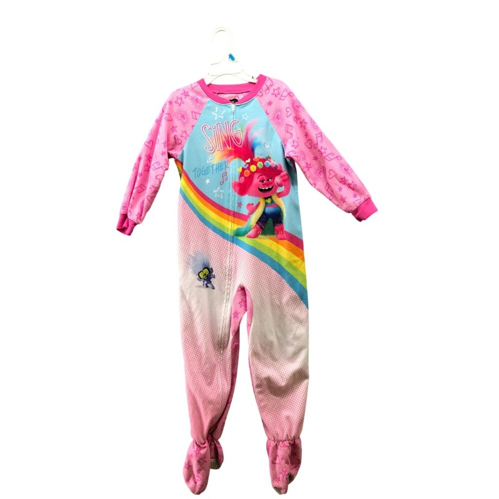Trolls Girls 5T Fleece Pajamas Jumpsuit Pink Long Sleeve One Piece‎ Zip
